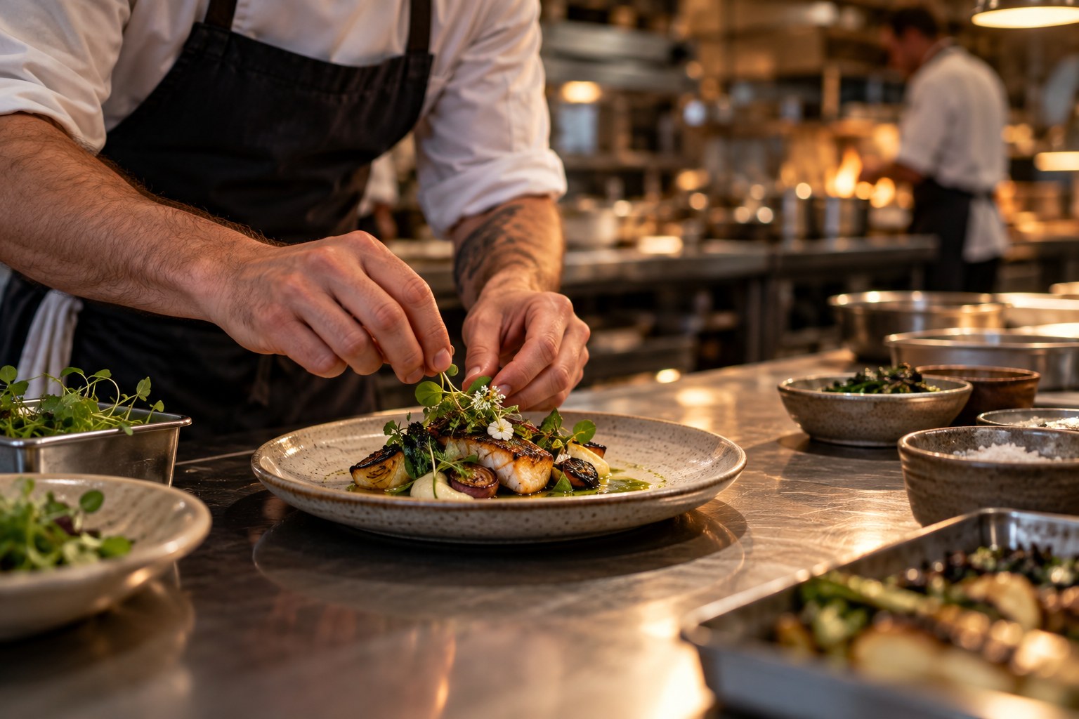 Chef plating a dish at a restaurant kitchen pass